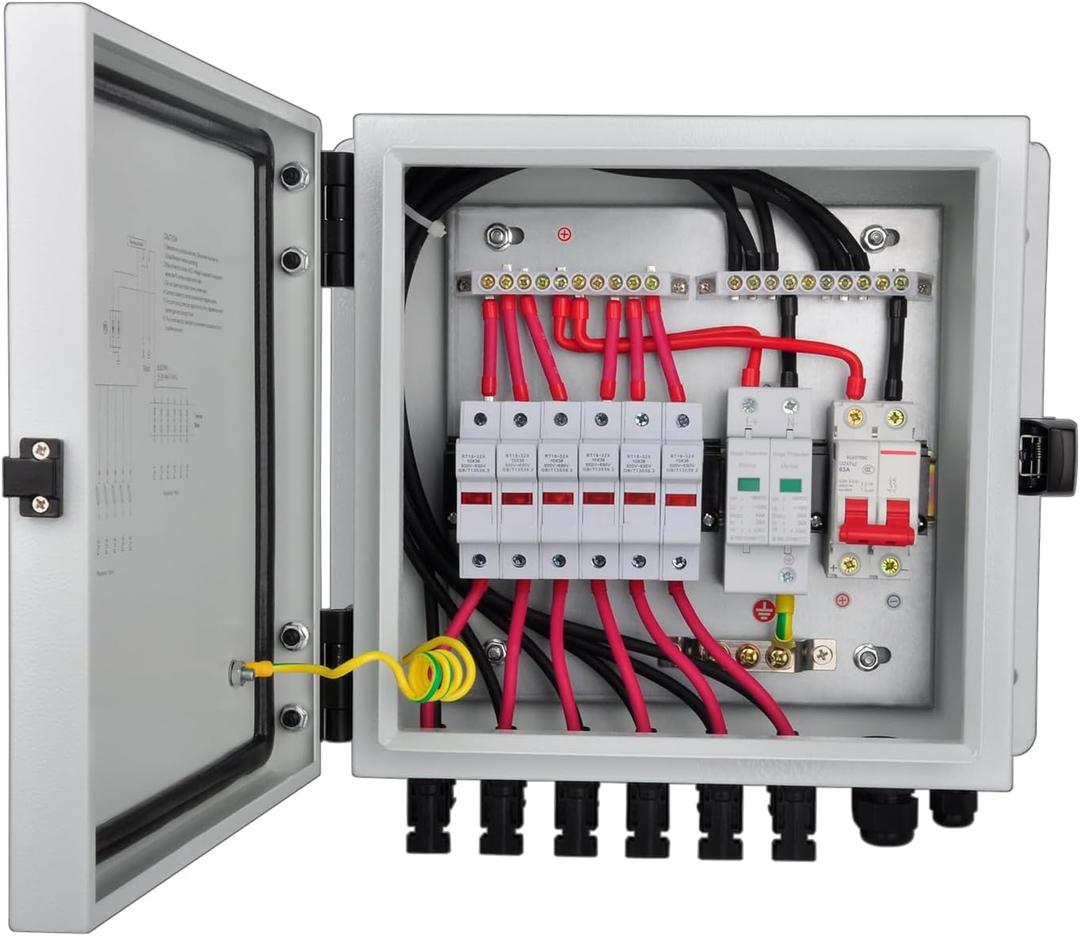 PV Combiner Box, 6 String Solar Combiner Box with 15A Rated Current Fuse, Surge Protective Device and 63A Air Circuit Breaker for On/Off Grid Solar Panel System, Pre-Wired Cable, Metal Box