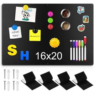 16" x 20" Magnetic Board, Black Magnet Bulletin Board to Display Magnetic Letters, Metal Board for Wall, Refrigerator Photo, with Dual Lock Tape and Screws, Marker Pen