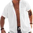 Bbalizko Mens Short Sleeve Button Up Shirts Linen Cotton Beach Tops Spread Collar Plain Summer T Shirt with Pocket (Medium)