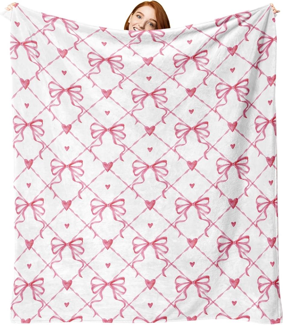 Valentines Day Flannel Throw Blanket, Pink Bow Love Hearts Anniversary Wedding Birthday Gifts for Women Lover Couples, Coquette Ribbon Soft Blankets for Bedding Sofa 50" x 60"