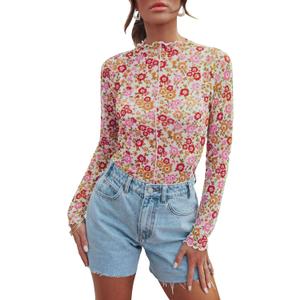 Women's Sheer Floral Long Sleeve Layering Top Ruffled Mock Neck Sheer Blouse for Casual Brunch Party Club Night Date Outfits (Floral Pink White)