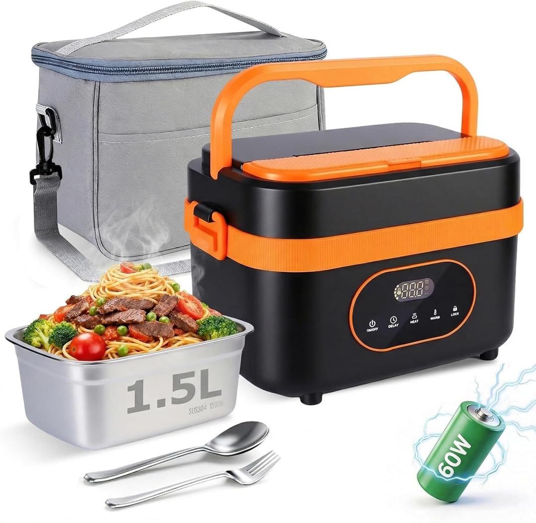 Cordless Electric Lunch Box for Adults 1.5L Large Capacity Heated Lunch Box 20000mAh Rechargeable Portable Lunch Box Food Warmer with Smart Timer and Self-Heating for Outdoor, Work, Office, Camping