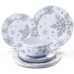 Ziliny 12 Pcs Christmas Snowflake Dinnerware Set Melamine Plates and Bowls Set Include 11" and 8" Plates 6" Soup Bowl, Service for 4 for Christmas Winter Party Supplies (Classic)