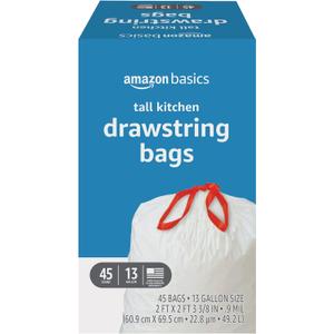 Amazon Basics Tall Kitchen Drawstring Trash Bags, 13 Gallon, Unscented, 45 Count