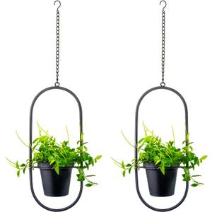 Modern Metal Hanging Planters with 5 Inch Pots - Set of 2 Oval Geometric Plant Hangers - Black Wall and Ceiling Mount Flower Holders for Indoor and Covered Outdoor Houseplants