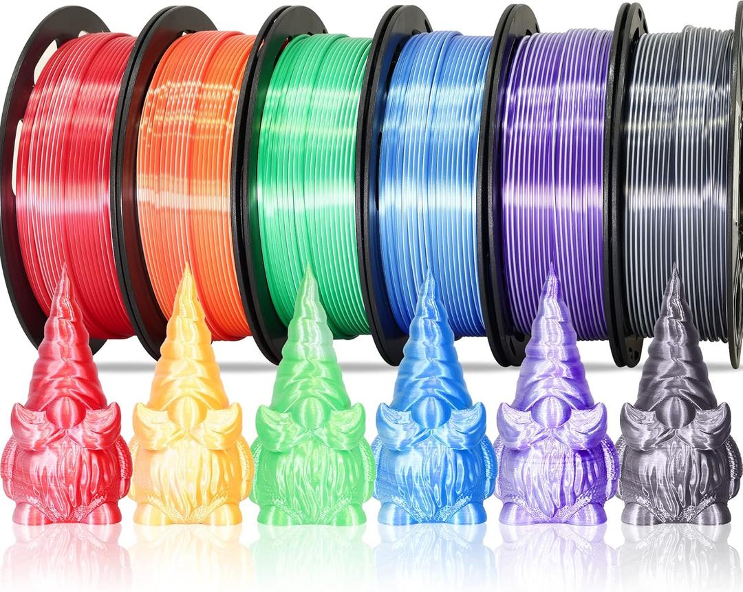 MIKA3D Dual Color 1.75mm 3D Printer Filament Bundle, 3D Printing Silk PLA 6 Spools Pack, Silk White Purple, Blue, Orange, Black, Green, Red, 3D Printing PLA 250g x 6 Spools