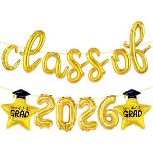 2 x Gold Class of 2026 Balloons - Gold Class of 2026 Graduation Balloons Graduation Foil Balloon for Graduation Party Decorations