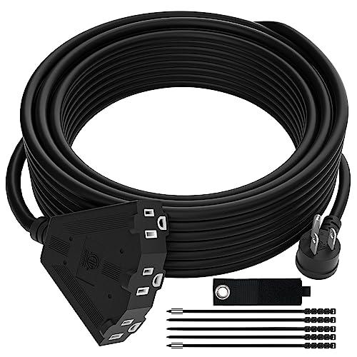 14/3 Gauge Heavy Duty Outdoor Extension Cord 20 FT, 90 Degree Angled 3 Prong Plug, 14 Gauge Power Cable with 3 Outlets, 14AWG, 15A, 125V, 1875W, ETL Listed, Black Wire, with Free Carrying Strap+Ties