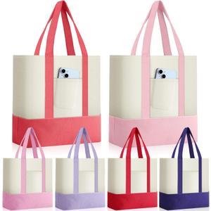 Sanwuta 6 Pcs Canvas Tote Bags Bulk with Outer Pocket Small Sublimation Blank Canvas Tote Reusable Grocery Bag for Women, DIY Craft (Pastel)
