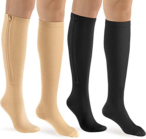 bropite Zipper Compression Socks Women & Men - 2Pairs Calf Knee High 15-20mmHg Closed Toe Compression Stocking L/XL