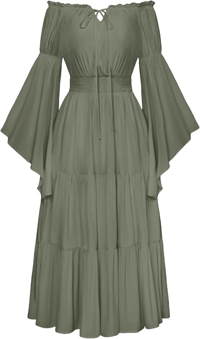 Scarlet Darkness Renaissance Costume Women Off Shoulder Bell Sleeve Tiered Maxi Dress (Green, L)