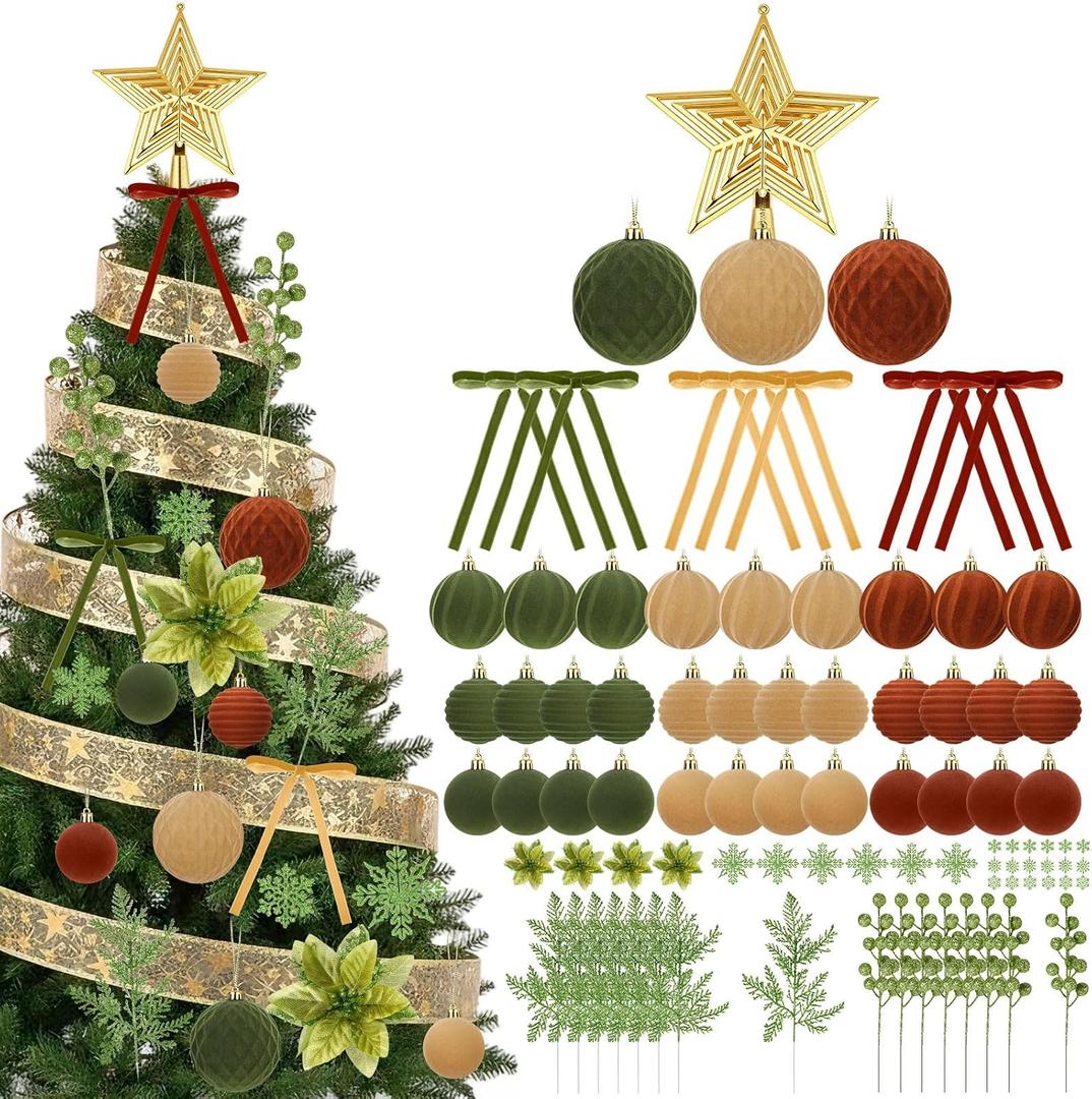 Syhood 100 Pcs Velvet Christmas Tree Decorations Set, 36 Velvet Flocked Ornament Ball, 24 Snowflakes, 18 Bows, 1 Star Tree Topper, 4 Poinsettia, 8 Glitter Berries Stems 1 Ribbon for Xmas Decor