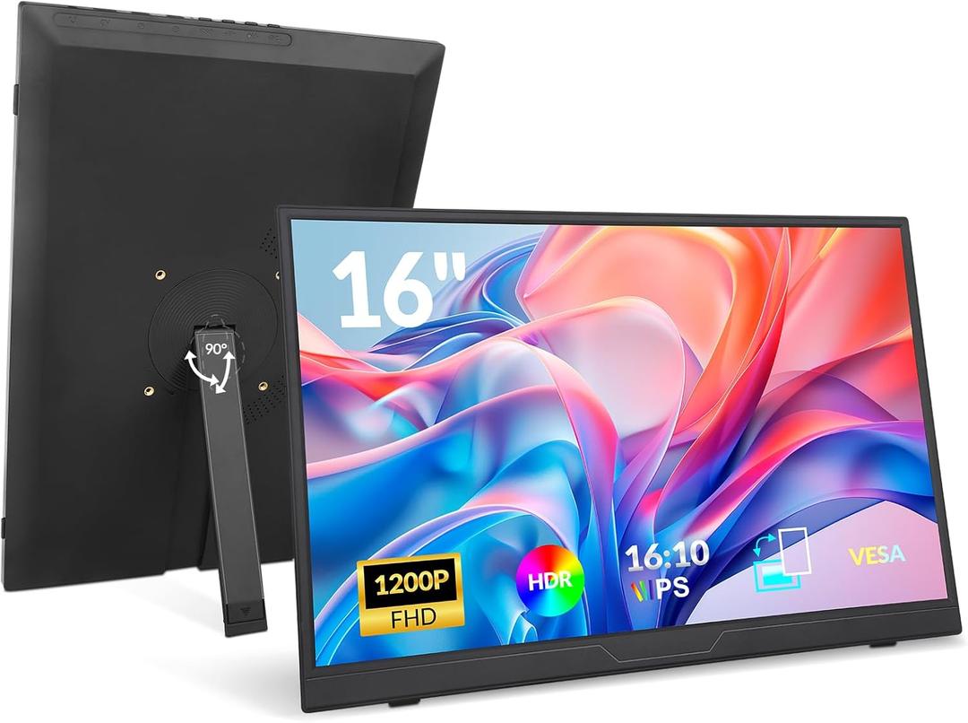 LR Portable Monitor, 16 1200P FHD 16:10, 1500:1 Contrast Ratio, USB-C HDMI Laptop Screen with Rotating Stand, Horizontal/Vertical Monitor, Travel Monitor for Laptop/PC/Mac/Windows/PS5,Vesa Mountable