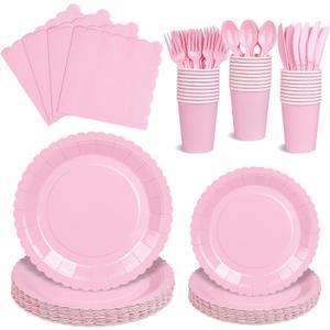175 PCS Pink Paper Plates and Napkins Set, Pink Party Supplies for 25 Guests Include Scalloped Plate Paper Napkins Cups Knife Fork Spoon for Baby Shower, Birthday, Wedding, Easter Party, Mother's Day