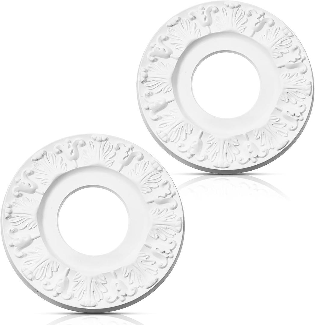 2 Pcs Ceiling Medallion Molded Vintage White Carved Flower PU Medallions for Light Fixtures and Ceiling Fans Decorative Victorian Floral Design