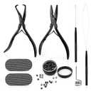 Gomake Microlinks Hair Extensions Kit, Hair Extension Closer and Removal Pliers, Micro Beads Pulling Hook & Microbead Loop Tool, Micro Links Silicone Rings Bead 200PCS(Black)
