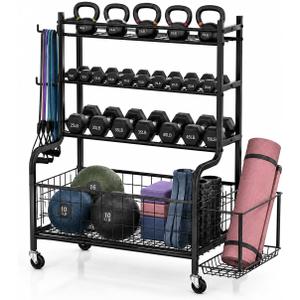 4-Tier Home Gym Storage Rack with Wheels and Hooks, Dumbbell Stand