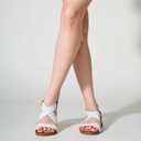 SANDALUP Elastic Ankle Strap Flat Sandals for Women (9, White)