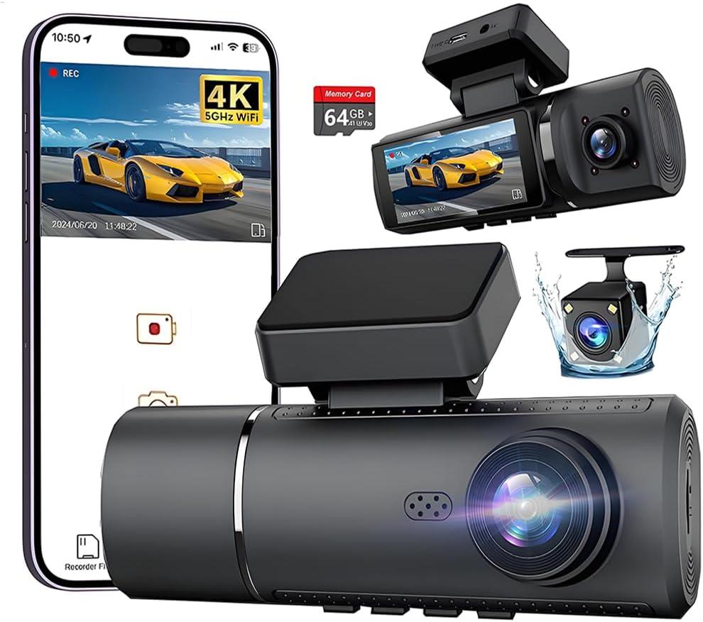 3 Channel 4K Dash Cam Front and Rear Inside, Built-in 5G WiFi,4K+1080P+1080P Dash Camera with 64GB Card,3.16 IPS Screen,Loop Recording, G-Sensor, 24H Parking Monitor, Night Vision(Black)