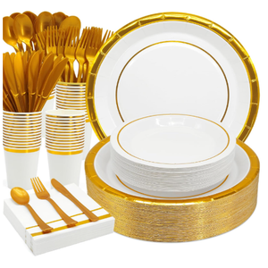175 Pcs, 25 Guests, White Gold Trimmed Plates Large and Small, Forkes x2, Spoons, Knife, Mini Forks
