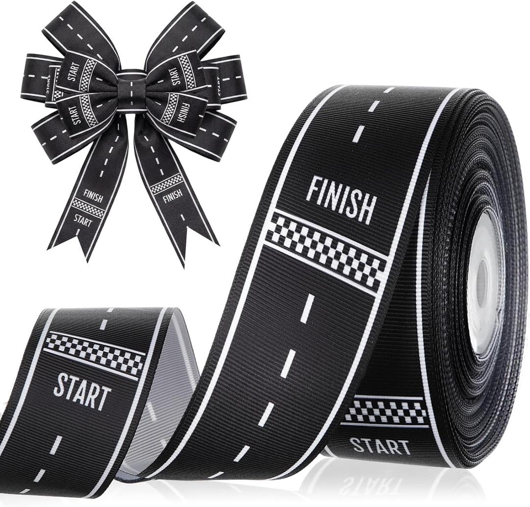 Chuangdi Racing Car Print Ribbon 1.5 Inch 20 Yards Black and White Checkered Grosgrain Ribbon Craft for Race Car Track Decor Marathon Theme Party Decor Hair Bows Headbands Making and Craft Wrapping