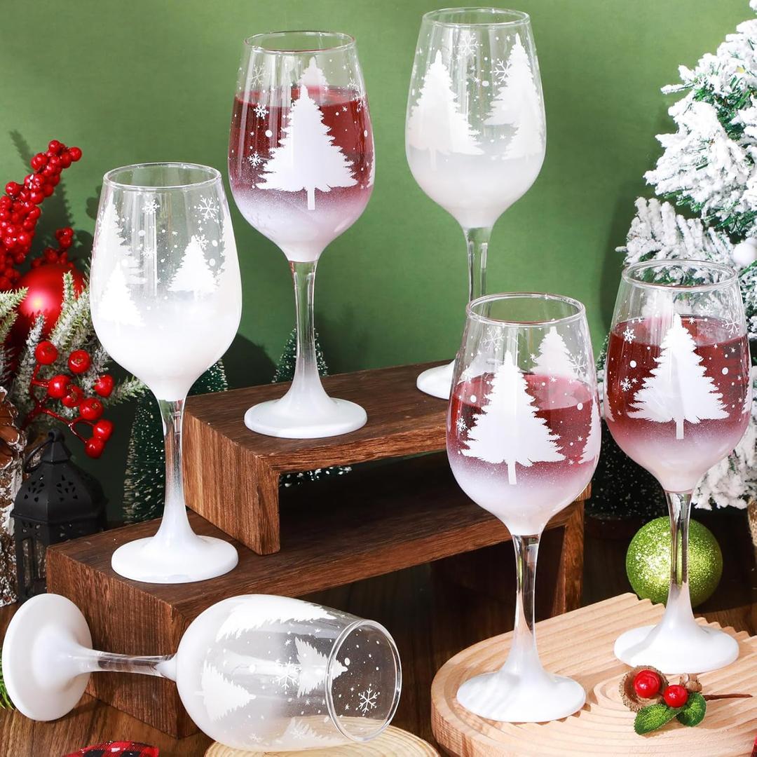 Boao Set of 6 Christmas Wine Glasses 14.9oz Festive Santa Snowman Christmas Tree Drinking Goblets Cups Painted Xmas Gift Winter Wine Glassware for Party Wedding Holiday (White)