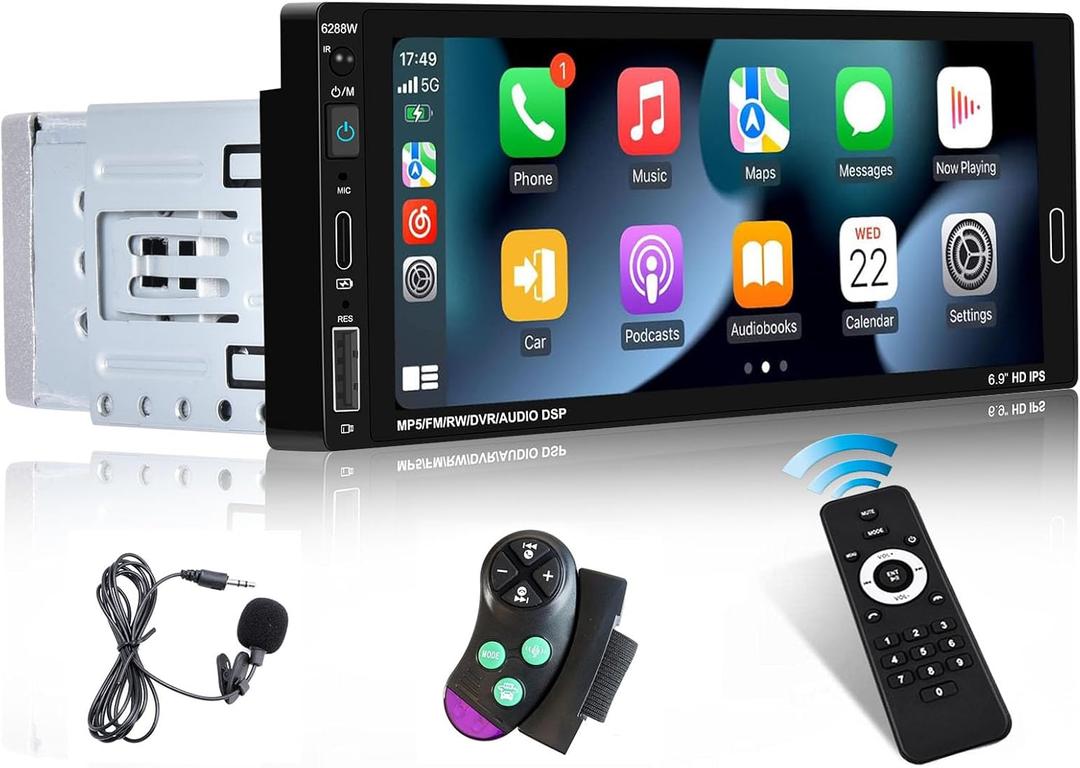 6.9 Inch Single Din Wireless Carplay Car Stereo, Touch Screen Android Auto Car Radio, 1 Din Bluetooth Audio Receiver with Backup Camera, Mirror Link, FM, EQ, USB/Type-C/Aux Input, Mic, SWC