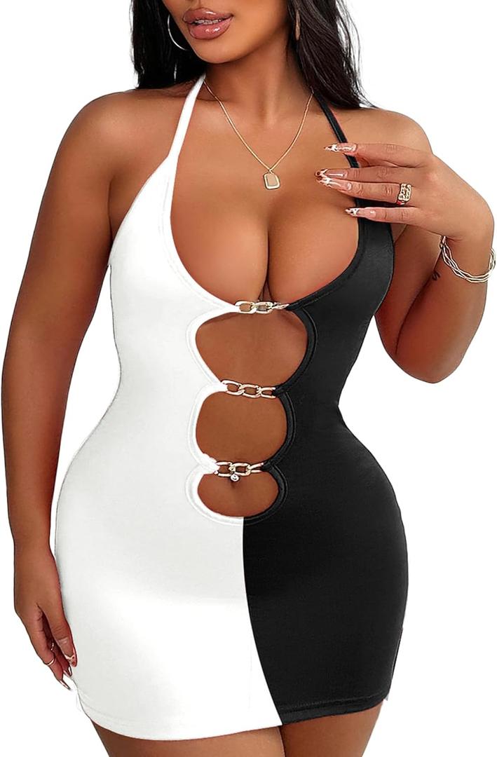 Slutty Dresses for Women Sexy Rave Outfits for Women Clubbing Outfits Outcast Clothing Micro Dress Strip Stripper Outfit (Medium, Black White)