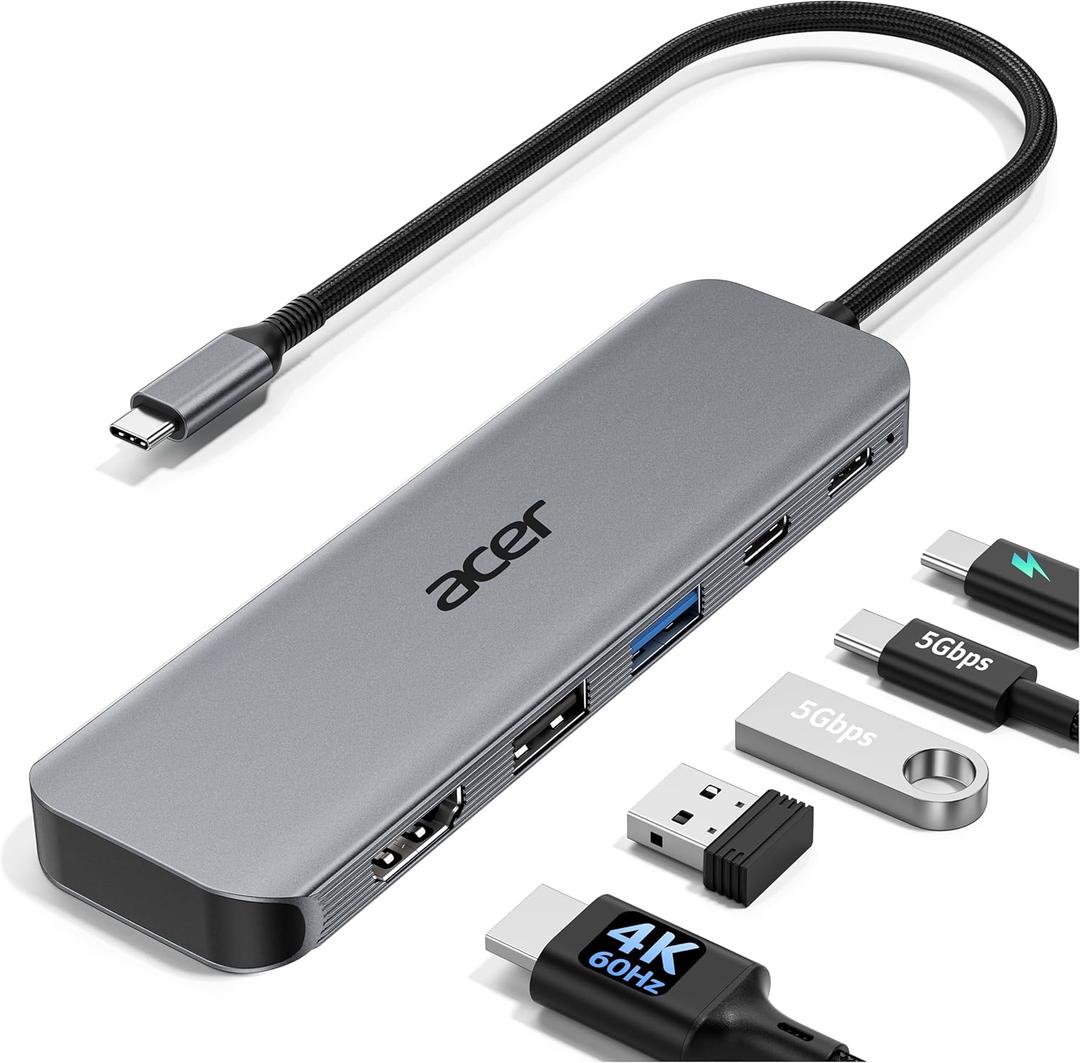 Acer USB C Hub, 5-in-1 USBC to HDMI Adapter with 4K@60Hz, 100W Power Delivery, USB-C 5Gbps & USB-A 3.0 Data Ports, USBC Splitter Docking Station for MacBook Neo/Pro/Air, iPad Pro, iPhone 17 Pro Max
