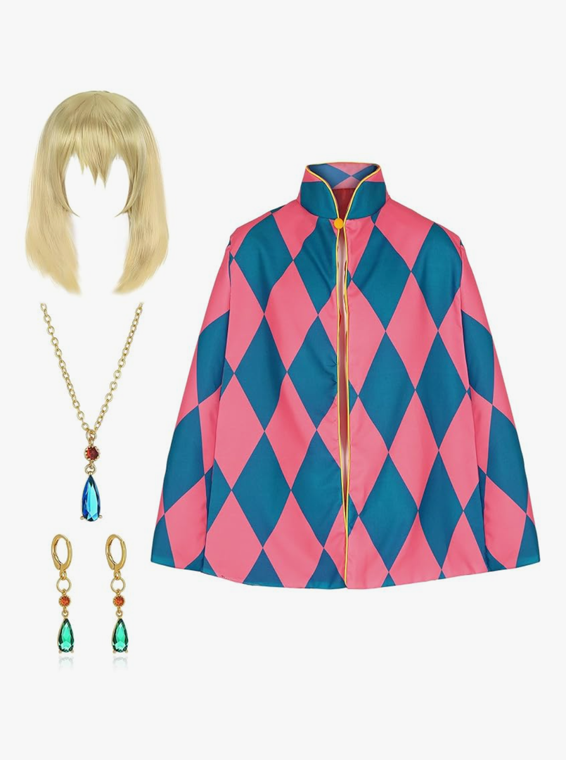 Tellingyou 5 Pcs Anime Enchanter Cosplay Costume Accessories Set Anime Cloak Plaid Cape Long Blonde Wig Earrings Necklace Hairnet for Adult Halloween Cosplay Party