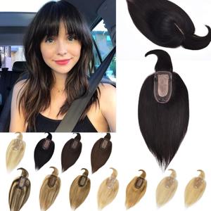 Hair Toppers for Women with Thinning Hair Real Human Hair Silk Base with Bangs Toppers Hair for Women Clip in Hair Toppers for Hair Loss Grey Hair 14 Inch #1B Natural Black
