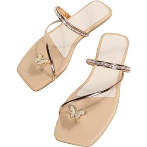 GORGLITTER Women's Metallic Rhinestone Butterfly Flat Sandals Dressy Square Open Toe Slip On Slide Summer Sandals, Size 40
