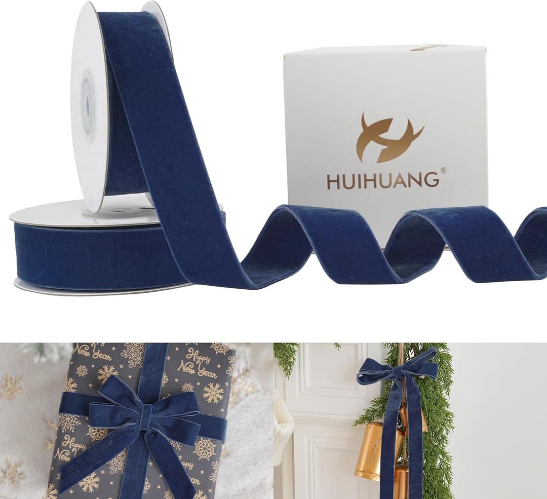 HUIHUANG Blue Velvet Ribbon 1 inch Double Face Thick Velvet Ribbons Dark Blue Ribbon for Gift Wrapping, Christmas Tree Ornaments, Wreath Decor, Bows, Crafts, Home Decor- 10 Yards