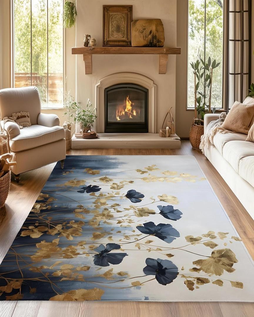 Blue Gray Flower Area Rug for Living Room, Non-Slip Backing Low Pile Modern Abstract Rug for Indoor Use, 5x7 Washable Carpet