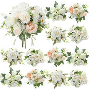 Zeyune 12 Bundles Artificial Peonies Flowers Artificial Silk Rose Faux Dahlia Fake Chamomile Hydrangea Bouquet Bulk for Vase Home Wedding Centerpiece Party Decoration(Cream White,Classic)