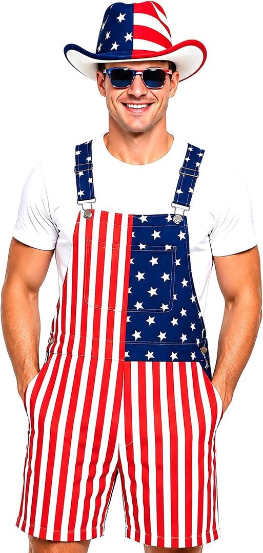BobbleT American Flag Overall Shorts Patriotic 4th of July Outfit Costume with Hat Sunglasses for Men & Women Parade Party (XXL)