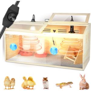 Wooden Brooder Box for Chicks Starter Kit with Heat Lamp and Thermometer,Feeder,Waterer,Perch,Temperature-Controlled Poultry Brooder Heater for 25 Chicks,Ducks,Quail,Hamsters
