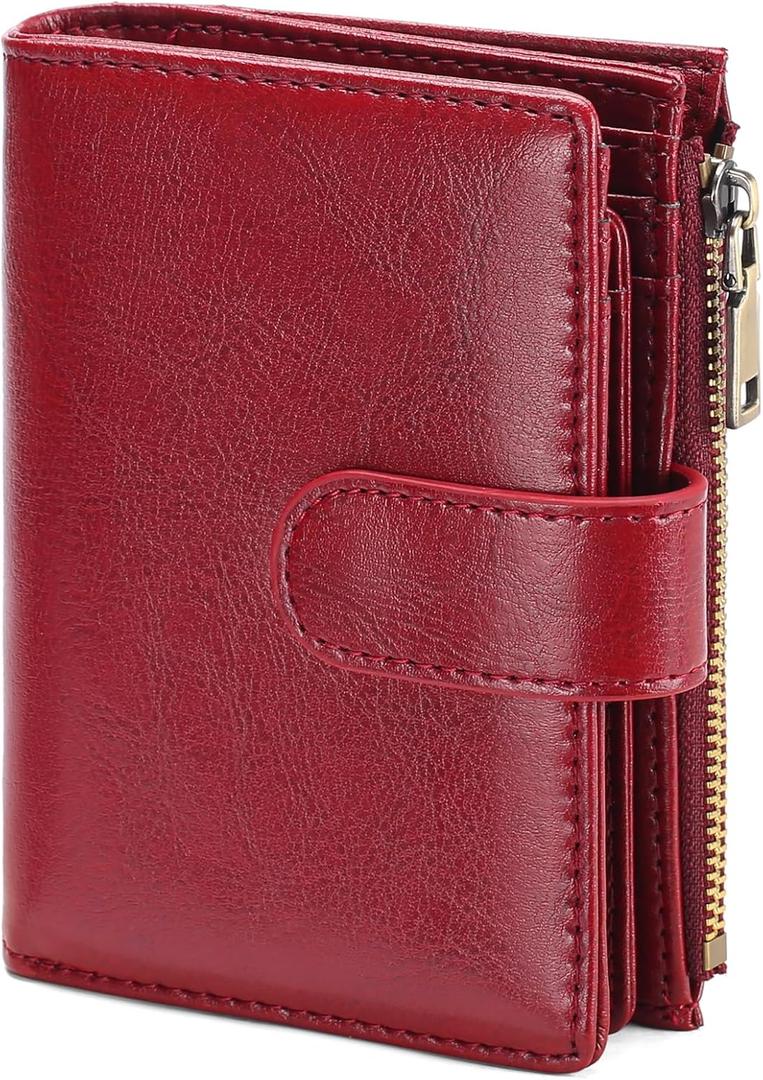 GAEKEAO Womens Wallet Small Vegan Leather RFID Blocking Bifold Zipper Pocket Wallet Card Case Purse with ID Window (B1-Wax Red)