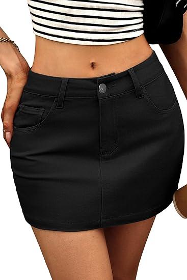 ELLEVEN Stretchy Mini Jean Skirt for Women,Low Waist Denim Skirts with Pockets, Black, XS