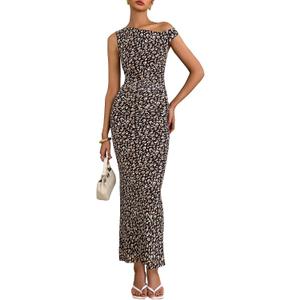 PRETTYGARDEN Women's 2026 Summer Floral One Shoulder Maxi Dress Wedding Guest Ruched Mesh Bodycon Long Cocktail Dresses (Black, L)