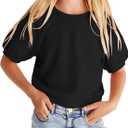 simtuor Kids Girls Cute T-Shirt Short Puff Sleeve Basic Solid Casual Loose Pullover Ribbed Cuffs Hem Tees (L, Black)