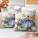 Artscope Fall Decorative Throw Pillow Covers 18x18 Inch Set of 2, Watercolor Pumpkin Fallen Leaves Outdoor Farmhouse Pillow Cases for Home Sofa Couch-Blue