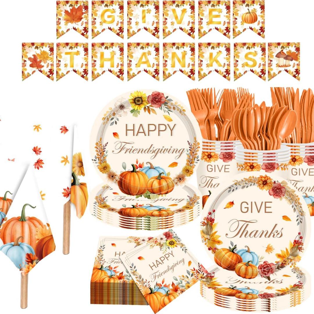 134pcs Friends Giving Plates Set with Tablecloth Serve 16 Guests, Glazeal 16 Sets Disposable 7in / 9in Plates with 20pcs Thanksgiving Napkins& 16 Sets Tableware, Tablecloth & Pull Flag-Pumkin
