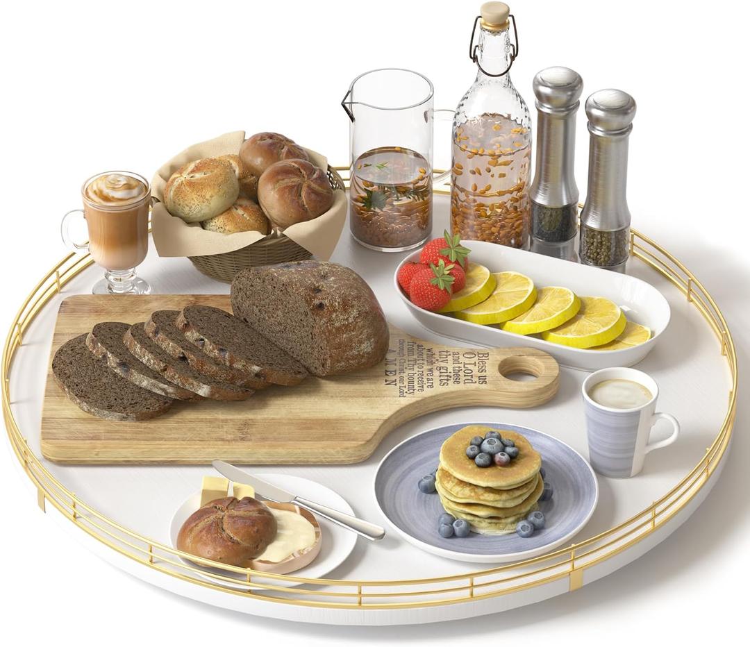 Oroyutor 16-Inch Oak Lazy Susan with Gold Rail and White Finish