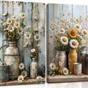 Farmhouse Daisy Floral Canvas Wall art Vintage Rustic Painting Prints Country Flower Still Life Botanical Wall Decor Rust Color Watering Can Poster Picture for Bathroom Living Bedroom Wood Framed