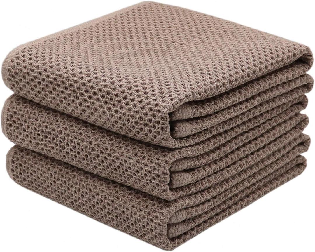 Mia'sDream Cotton Dish Towels for Kitchen, Kitchen Towels, Hand Face Head Towel Waffle Weave, Soft and Absorbent Bath Guest Gym Towel Washcloths, 13inch x 28inch 3 Pack (Brown)