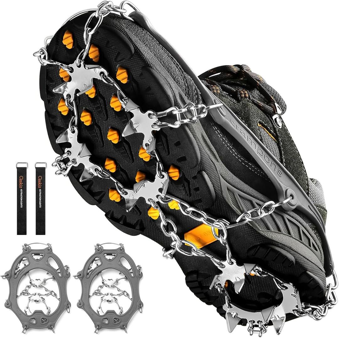 Cimkiz Crampons Ice Cleats Traction Snow Grips for Boots Shoes Women Men Anti Slip 19 Stainless Steel Spikes Safe Protect for Hiking Fishing Walking Climbing Mountaineering (Large, Grey)