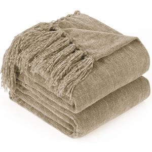 Chenille Throw Blanket for Couch with Tassels,50"X60" Soft Cozy Lightweight Knitted Boho Decorative Blankets for Bed and Sofa,Taupe