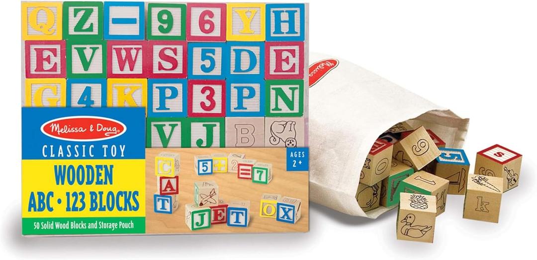 Melissa & Doug Deluxe Wooden ABC/123 1-Inch Blocks Set With Storage Pouch (50 pcs), Classic Letter And Number Wooden Blocks, For Toddlers And Kids Ages 2+