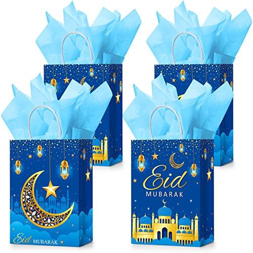 Censen 16 Sets Eid Mubarak Gift Bags with Tissue Paper, Ramadan Goodies Bags for Ramadan Party Supplies Favor (Blue)
